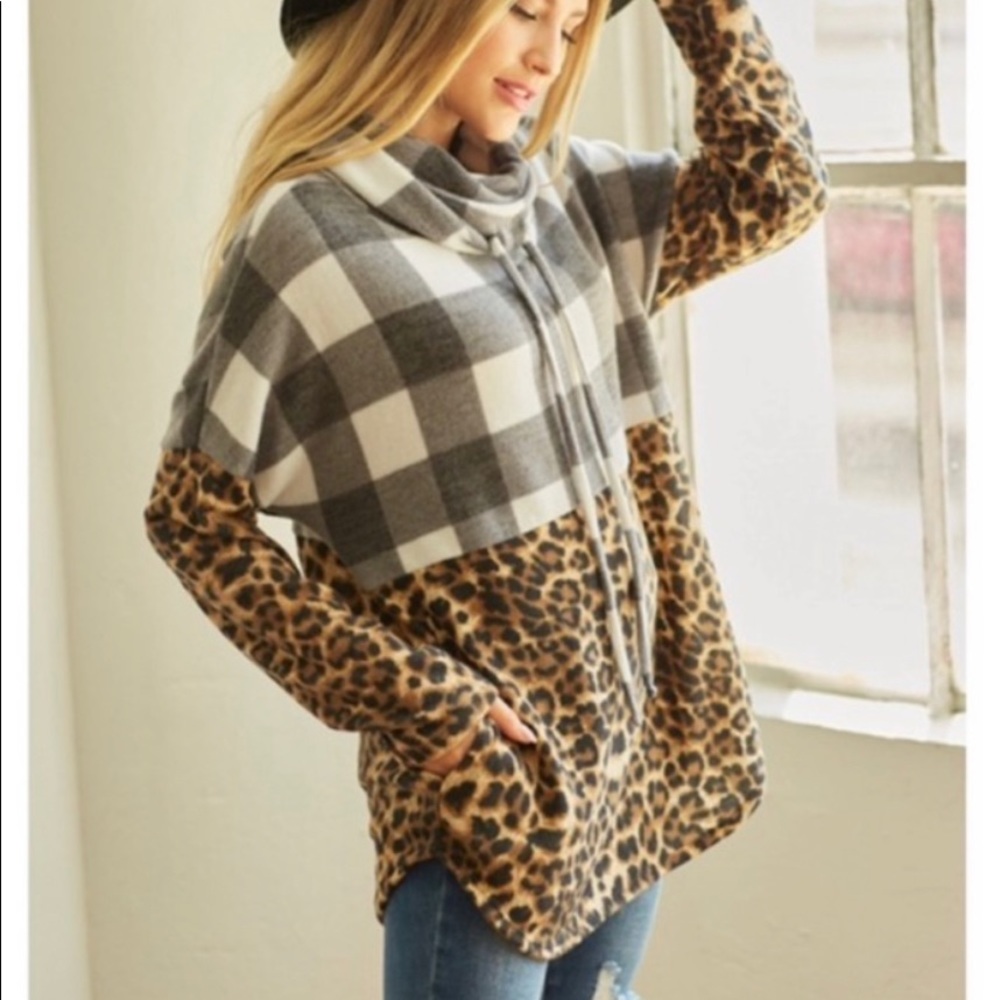 HACCI plaid and leopard combo, cowl neck pullover.